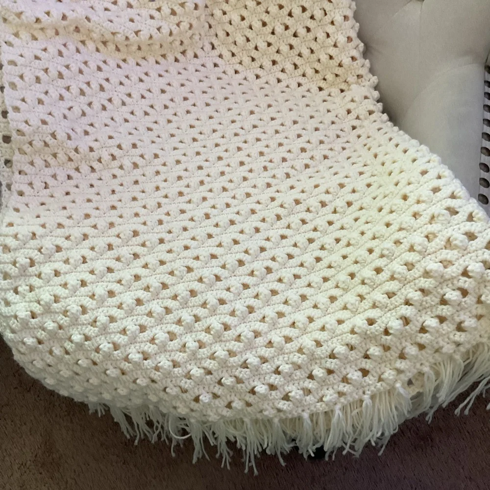 Cream Textured Furniture Cover with Fringe